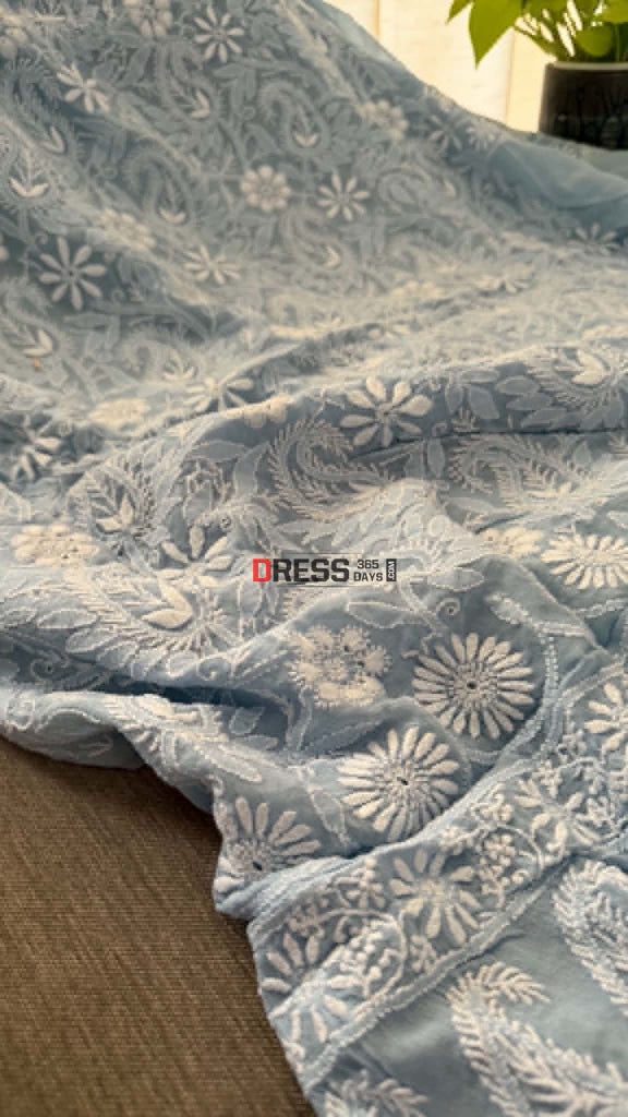 Powder Blue Fine Chikankari Hole Work Suit (Kurta & Dupatta) - Chikankari Suits