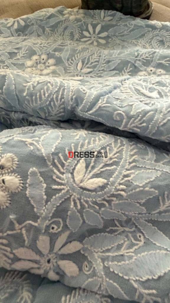 Powder Blue Fine Chikankari Hole Work Suit (Kurta & Dupatta) - Chikankari Suits