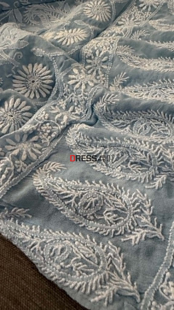 Powder Blue Fine Chikankari Hole Work Suit (Kurta & Dupatta) - Chikankari Suits