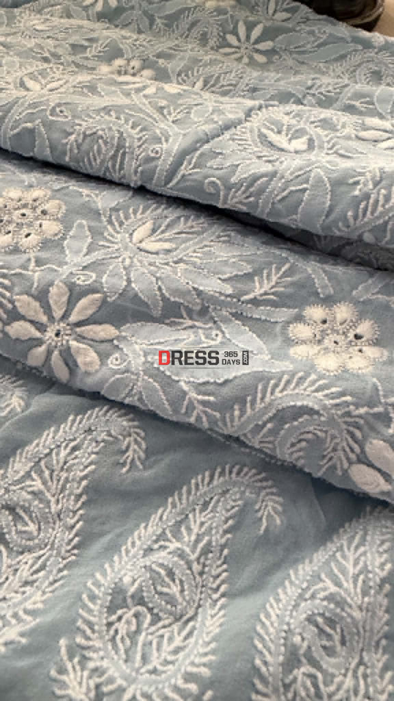 Powder Blue Fine Chikankari Hole Work Suit (Kurta & Dupatta) - Chikankari Suits
