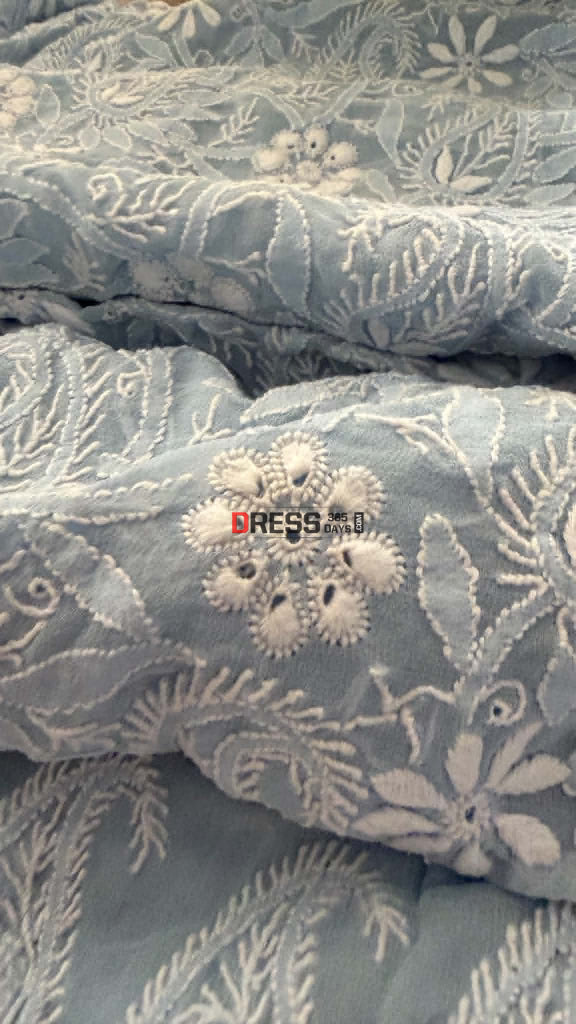 Powder Blue Fine Chikankari Hole Work Suit (Kurta & Dupatta) - Chikankari Suits