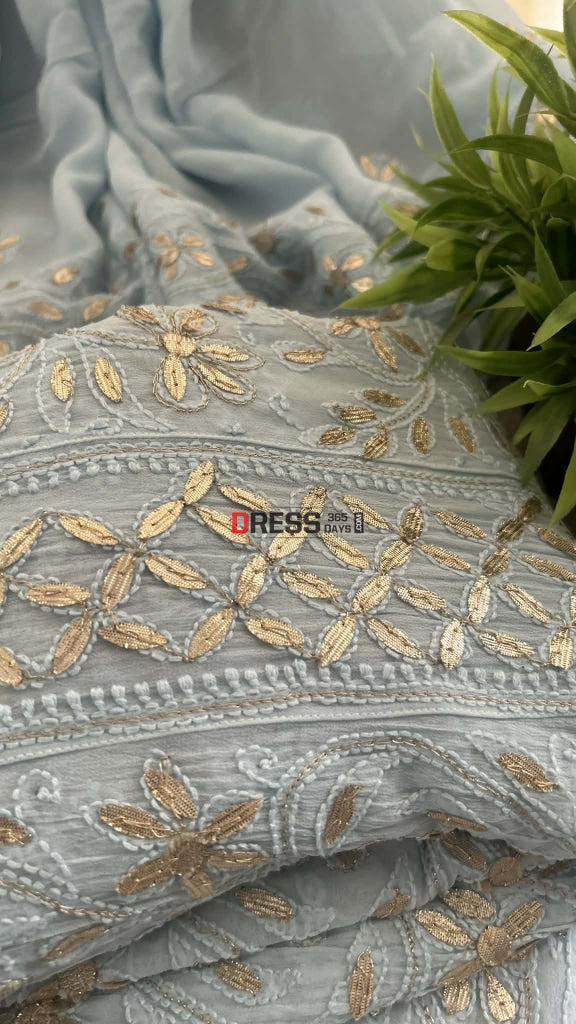 Powder Blue Gota Patti Chikankari Anarkali Suit (Anarkali And Dupatta) Chikankari Anarkali