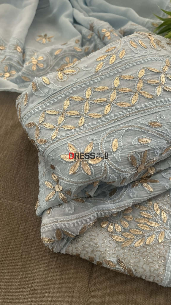 Powder Blue Gota Patti Chikankari Anarkali Suit (Anarkali And Dupatta) Chikankari Anarkali