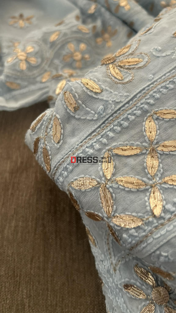 Powder Blue Gota Patti Chikankari Anarkali Suit (Anarkali And Dupatta) Chikankari Anarkali