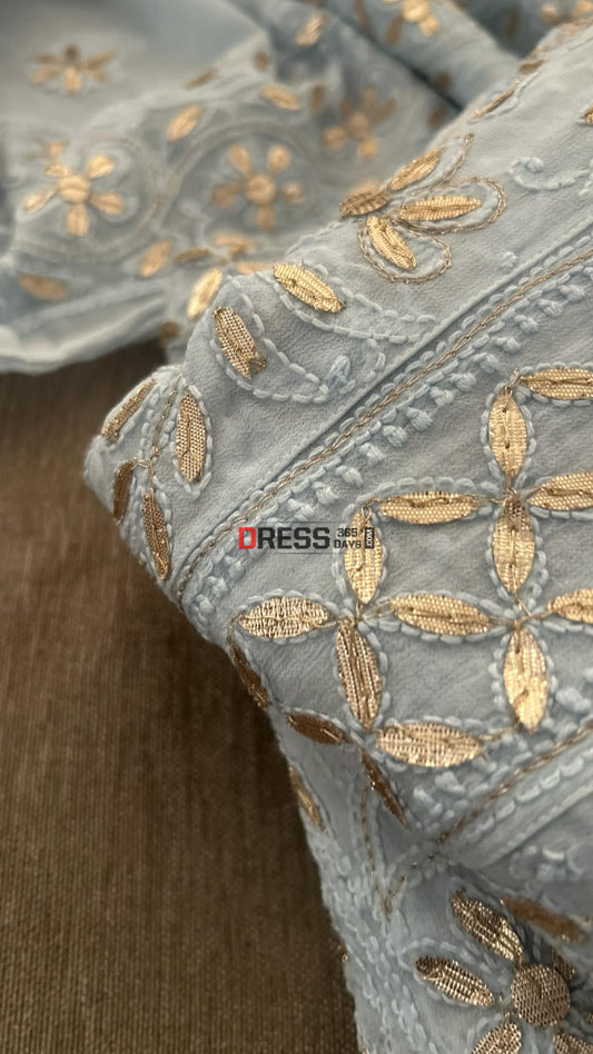 Powder Blue Gota Patti Chikankari Anarkali Suit (Anarkali And Dupatta) Chikankari Anarkali
