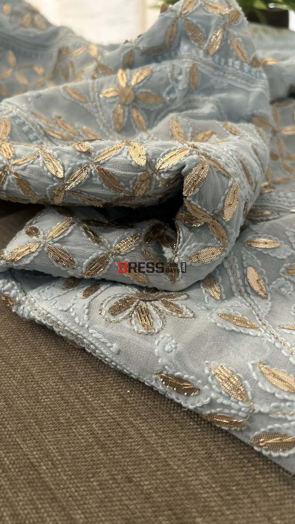 Powder Blue Gota Patti Chikankari Anarkali Suit (Anarkali And Dupatta) Chikankari Anarkali
