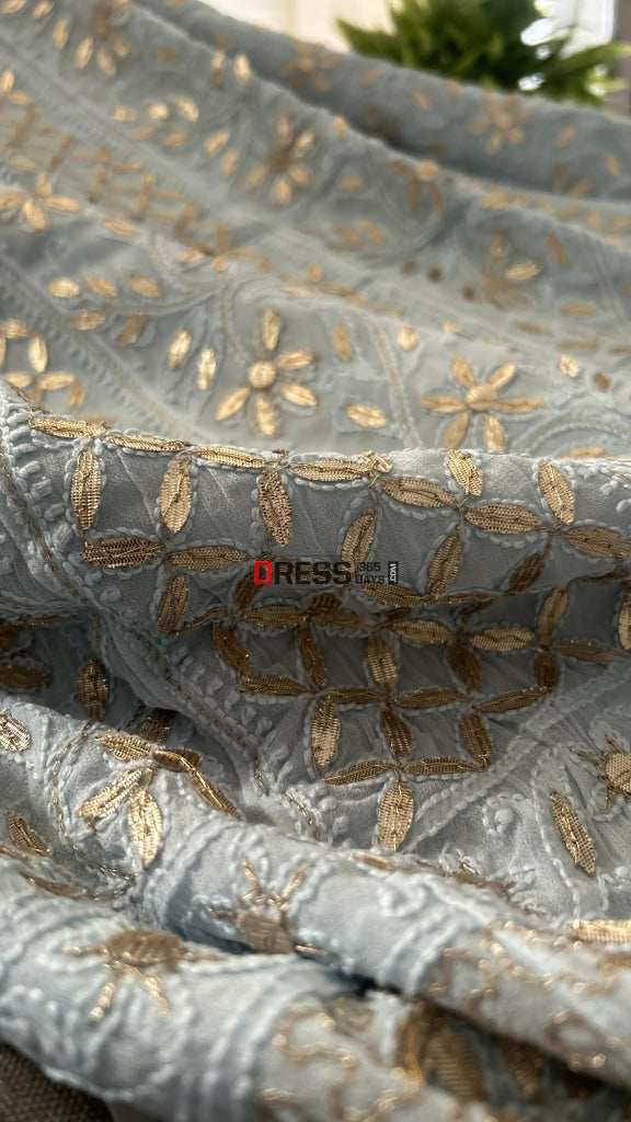 Powder Blue Gota Patti Chikankari Anarkali Suit (Anarkali And Dupatta) Chikankari Anarkali