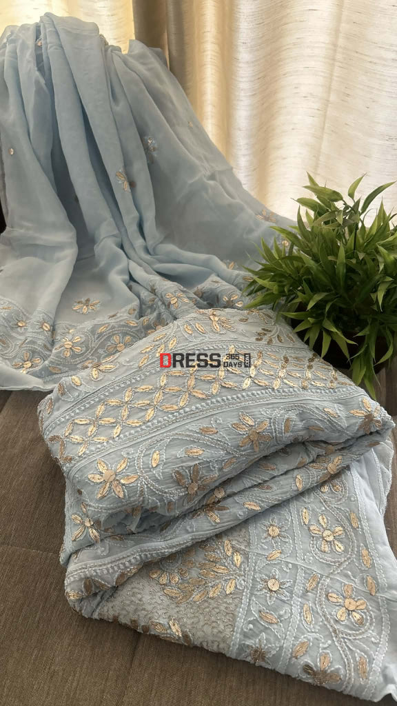 Powder Blue Gota Patti Chikankari Anarkali Suit (Anarkali And Dupatta) Chikankari Anarkali
