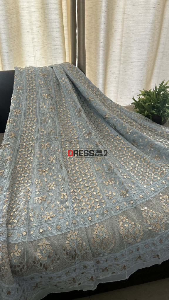 Powder Blue Gota Patti Chikankari Anarkali Suit (Anarkali And Dupatta) Chikankari Anarkali