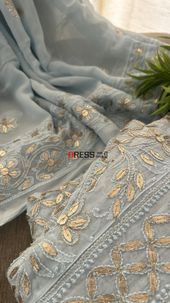 Powder Blue Gota Patti Chikankari Anarkali Suit (Anarkali And Dupatta) Chikankari Anarkali