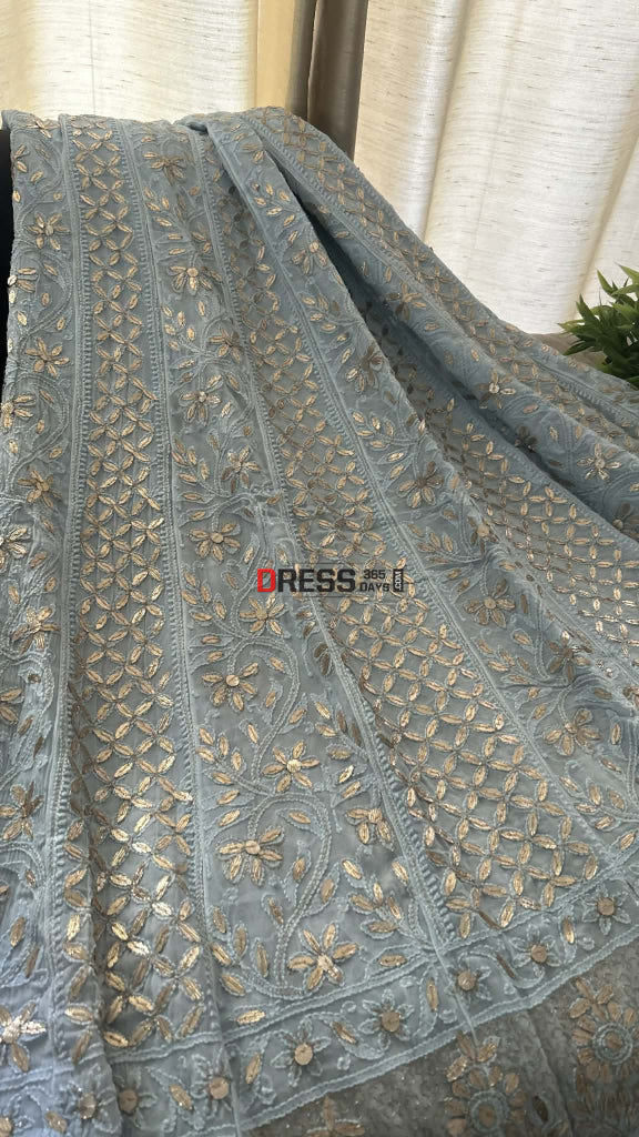 Powder Blue Gota Patti Chikankari Anarkali Suit (Anarkali And Dupatta) Chikankari Anarkali