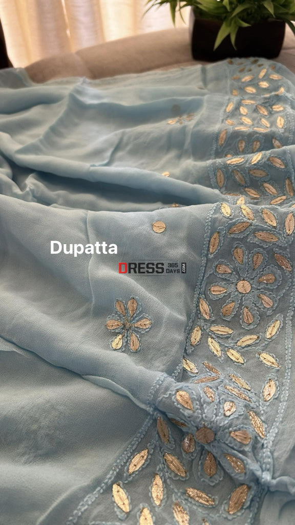 Powder Blue Gota Patti Chikankari Suit (Kurta & Dupatta) Suits
