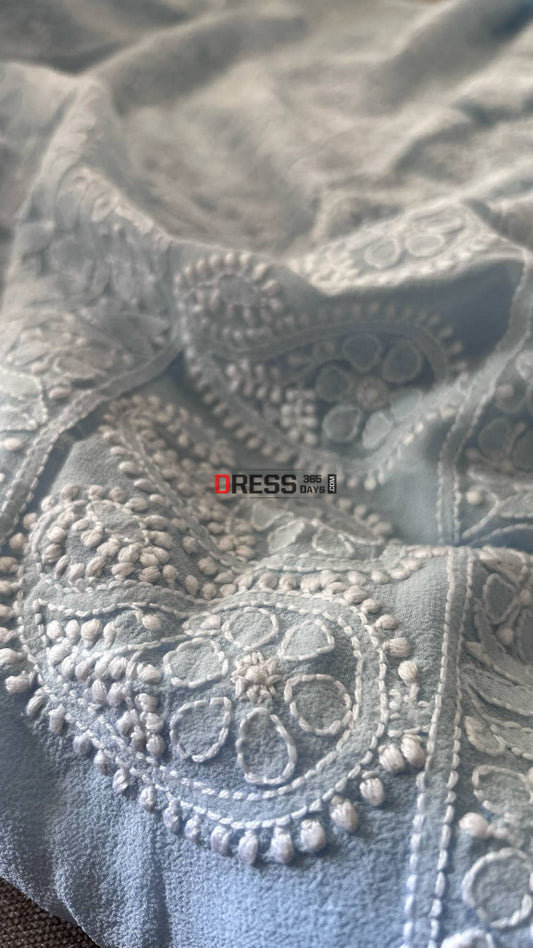 Powder Blue Lucknowi Chikankari Suit (Kurta & Dupatta) Chikankari Suits