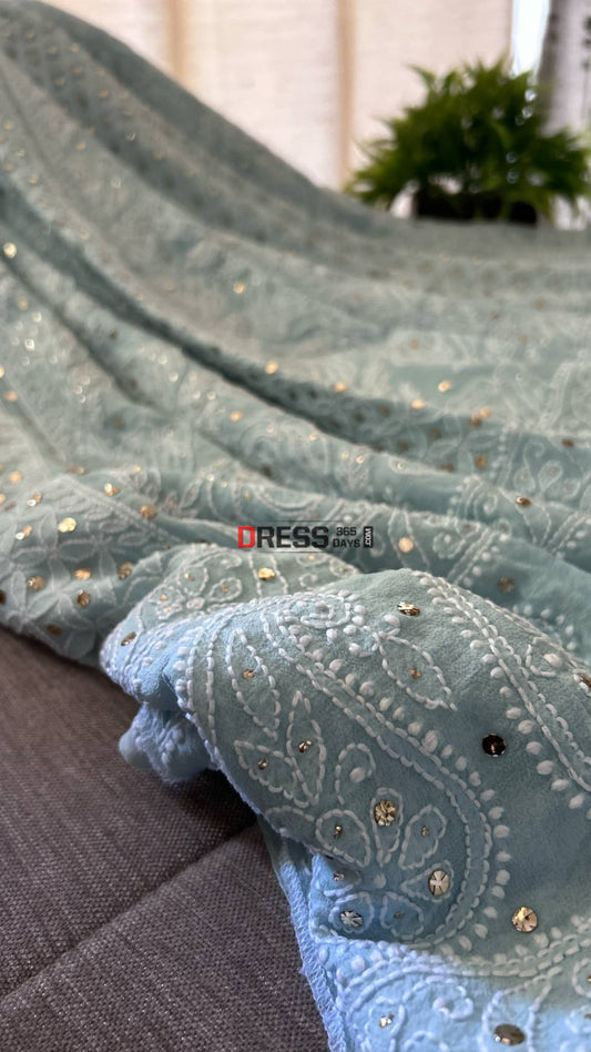 Powder Blue Mukaish Lucknowi Chikankari Lehenga Set Chikankari Lehenga