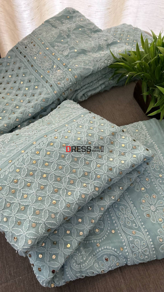 Powder Blue Mukaish Lucknowi Chikankari Lehenga Set Chikankari Lehenga