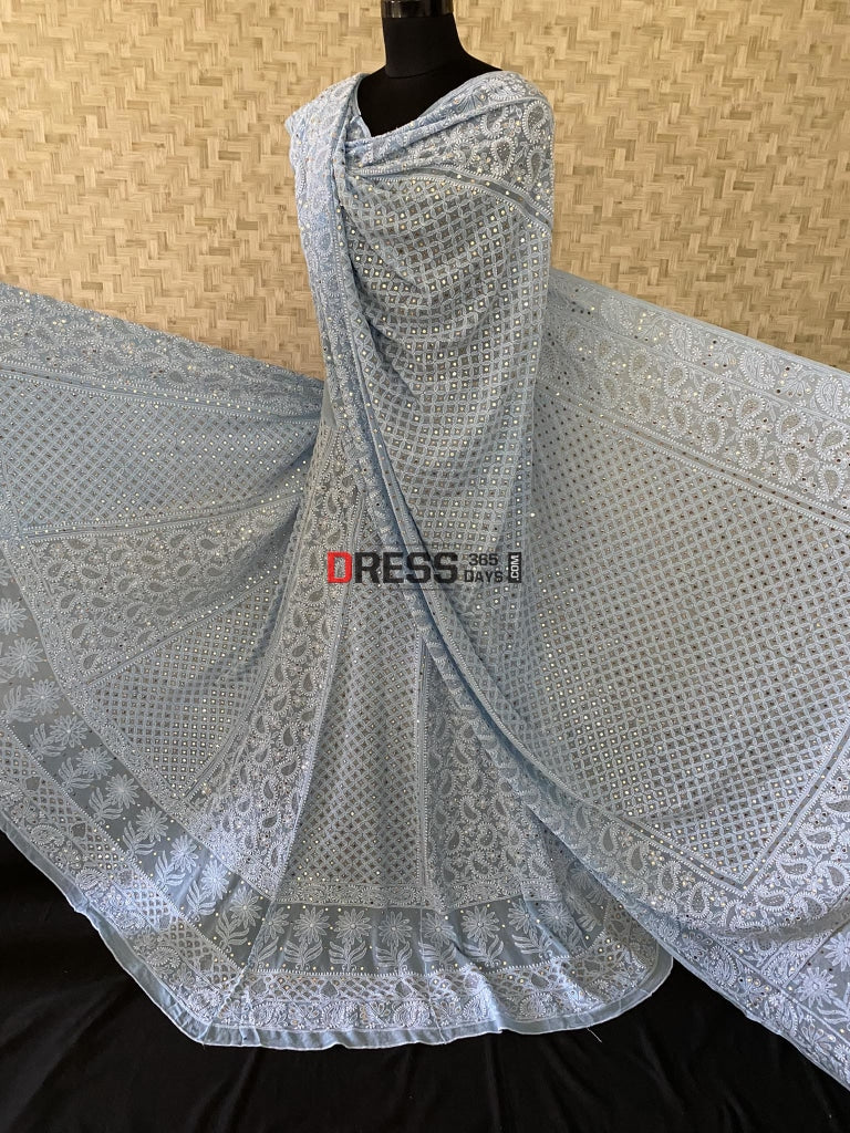 Powder Blue Mukaish Lucknowi Lehenga Set Chikankari