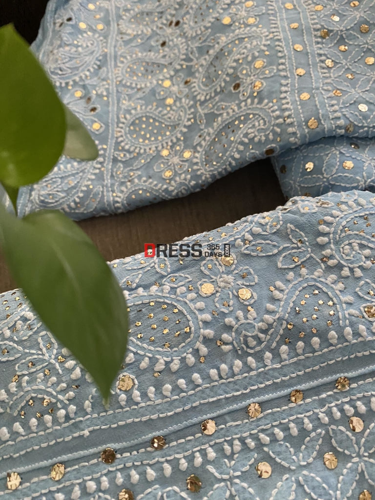 Powder Blue Mukaish Lucknowi Lehenga Set Chikankari