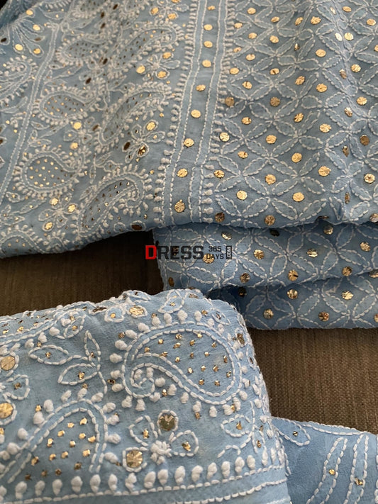 Powder Blue Mukaish Lucknowi Lehenga Set Chikankari