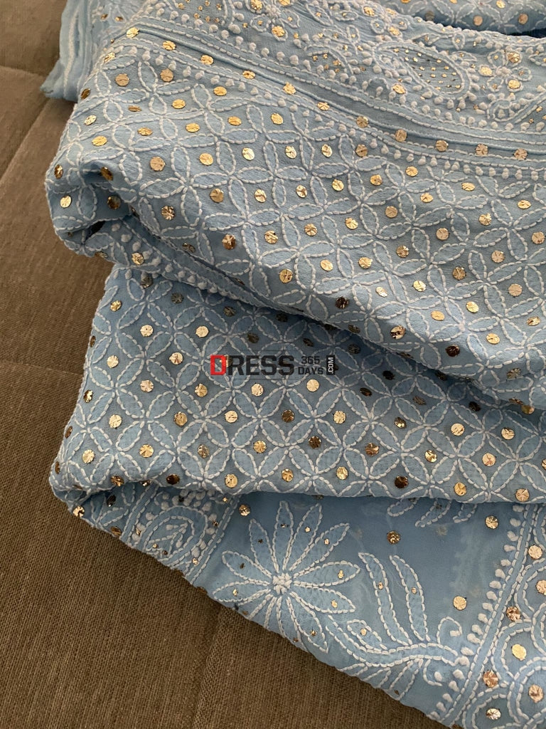 Powder Blue Mukaish Lucknowi Lehenga Set Chikankari