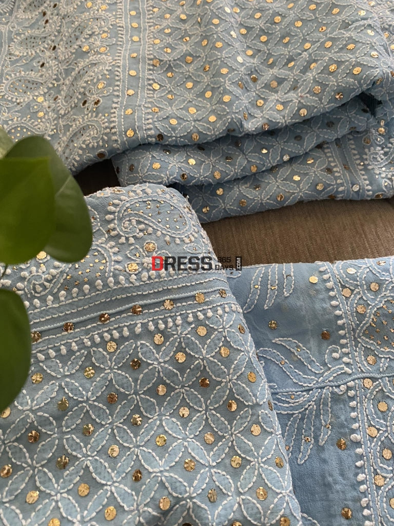 Powder Blue Mukaish Lucknowi Lehenga Set Chikankari