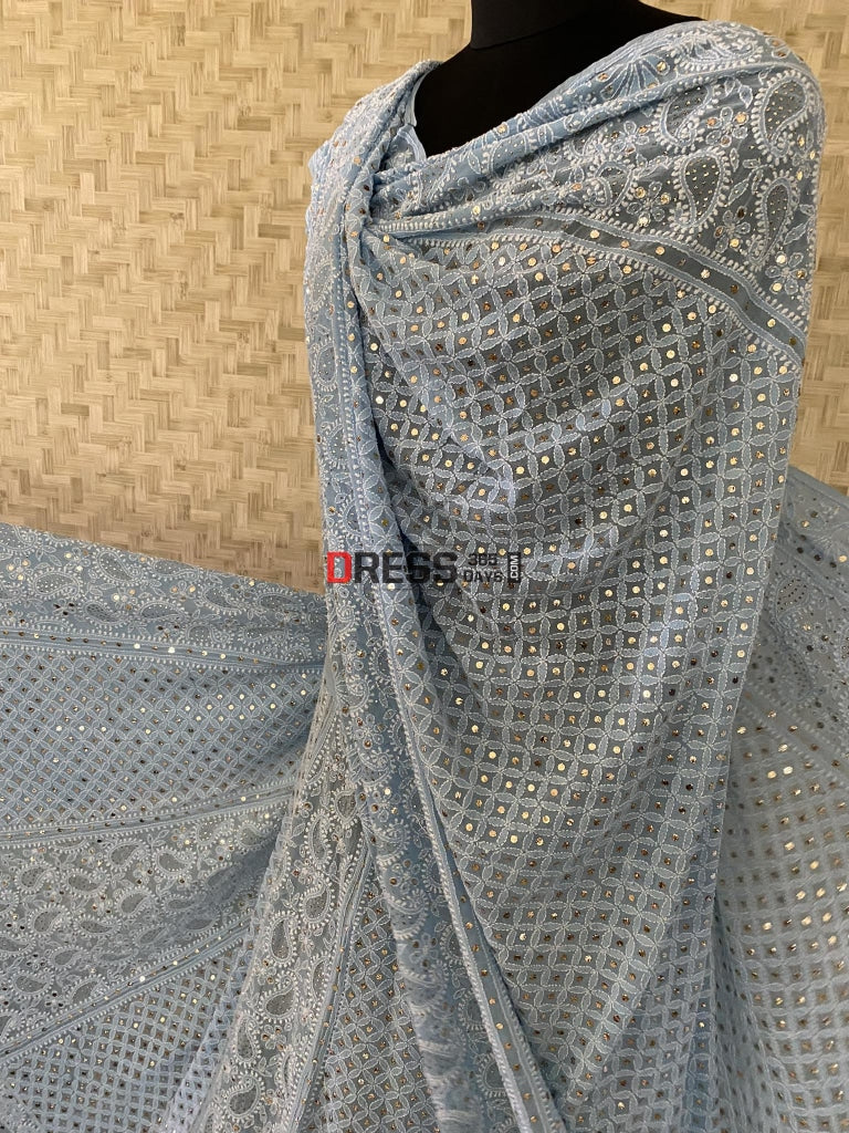 Powder Blue Mukaish Lucknowi Lehenga Set Chikankari