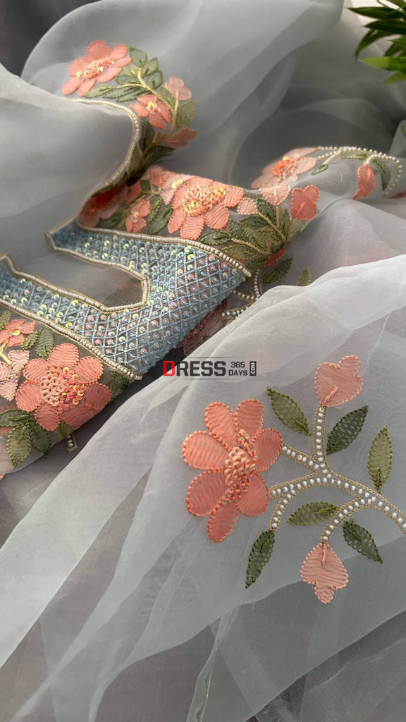 Powder Blue Organza Pearls & Multicolour Chikankari Suit Chikankari Suits