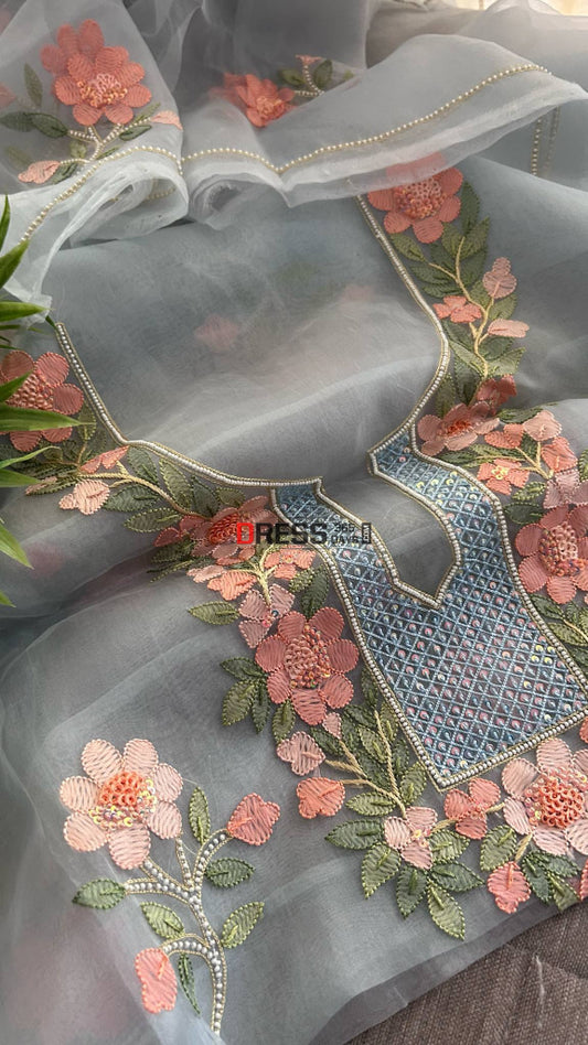 Powder Blue Organza Pearls & Multicolour Chikankari Suit Chikankari Suits
