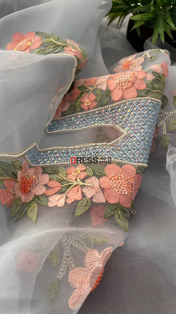 Powder Blue Organza Pearls & Multicolour Chikankari Suit Chikankari Suits