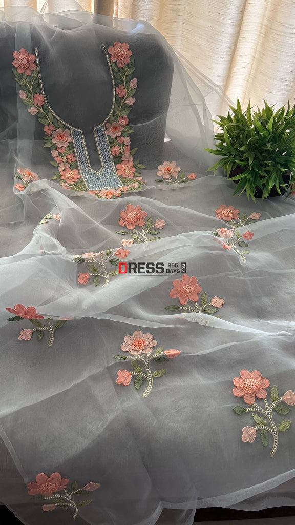 Powder Blue Organza Pearls & Multicolour Chikankari Suit Chikankari Suits