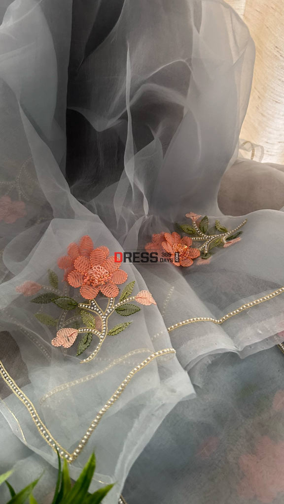 Powder Blue Organza Pearls & Multicolour Chikankari Suit Chikankari Suits
