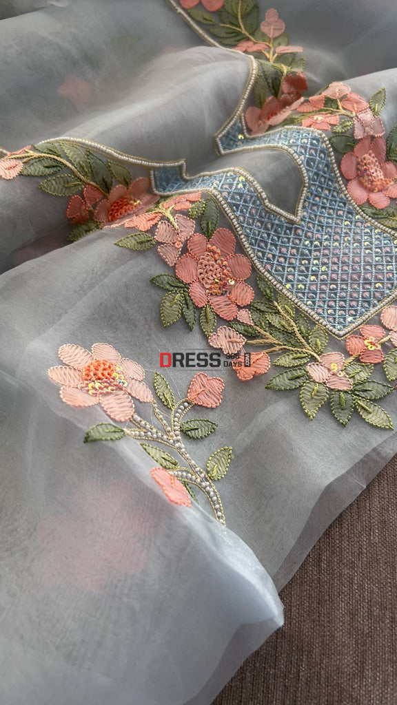 Powder Blue Organza Pearls & Multicolour Chikankari Suit Chikankari Suits