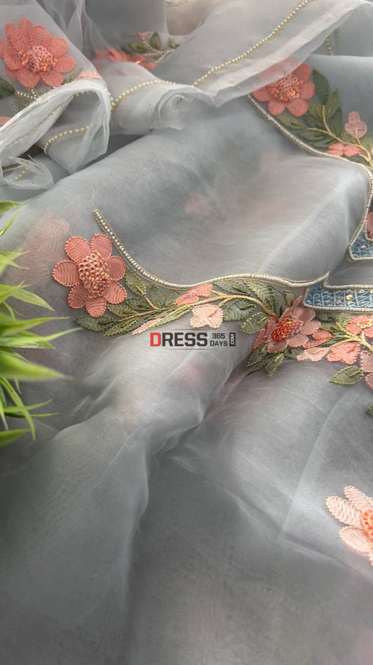 Powder Blue Organza Pearls & Multicolour Chikankari Suit Chikankari Suits