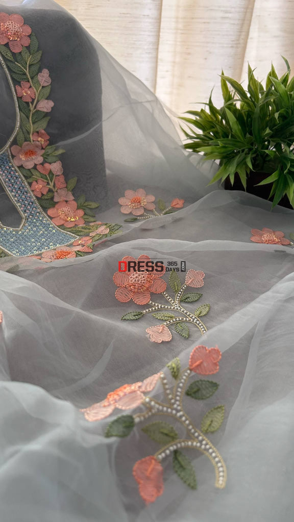 Powder Blue Organza Pearls & Multicolour Chikankari Suit Chikankari Suits