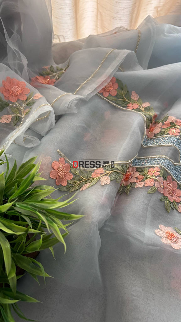 Powder Blue Organza Pearls & Multicolour Chikankari Suit Chikankari Suits