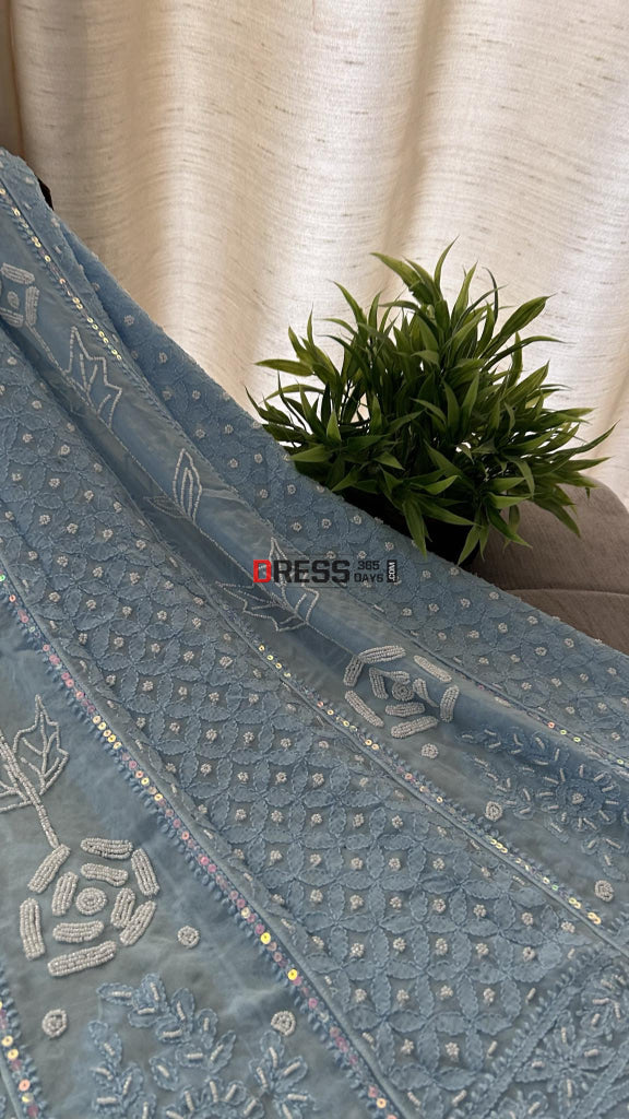 Powder Blue Pearl Chikankari Anarkali (Anarkali & Dupatta)