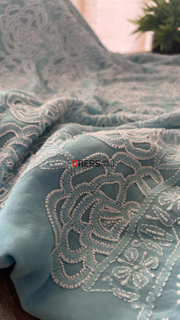 Powder Blue Pearl Lucknowi Chikankari Suit (Kurta & Dupatta) Suits