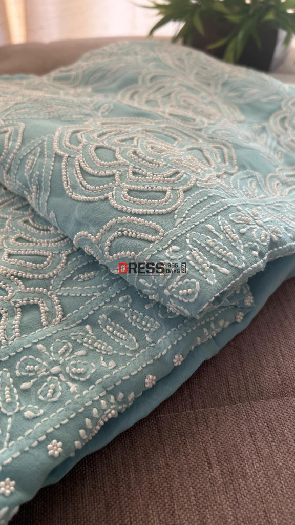 Powder Blue Pearl Lucknowi Chikankari Suit (Kurta & Dupatta) Suits