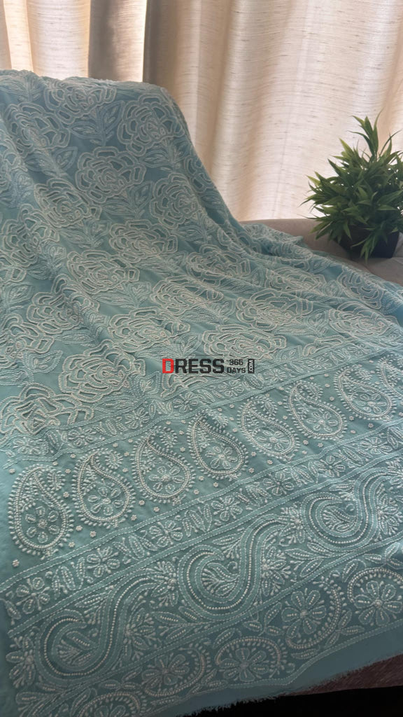 Powder Blue Pearl Lucknowi Chikankari Suit (Kurta & Dupatta) Suits