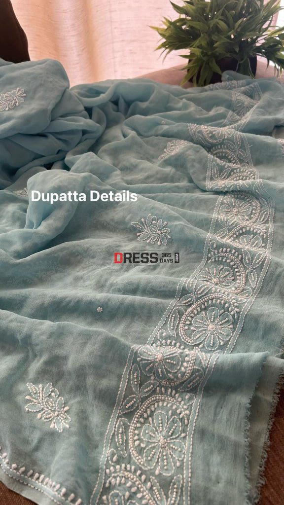 Powder Blue Pearl Lucknowi Chikankari Suit (Kurta & Dupatta) Suits