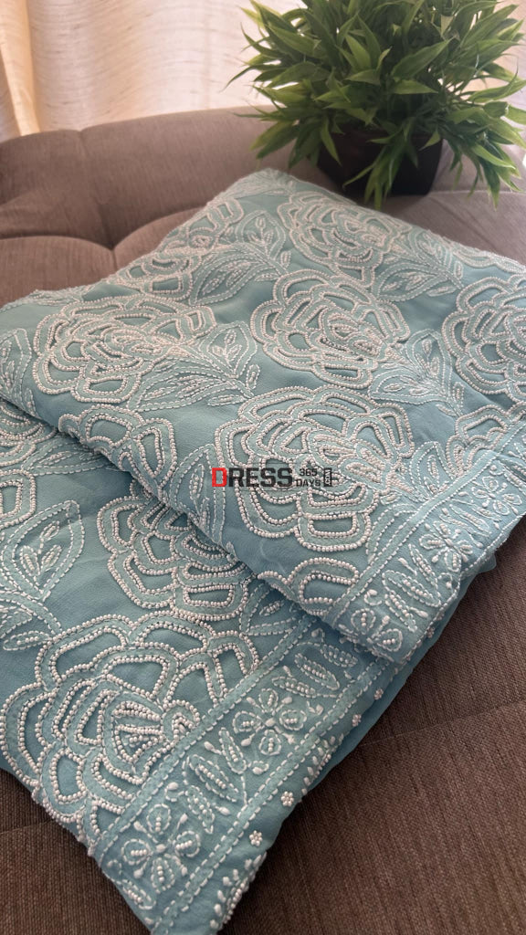 Powder Blue Pearl Lucknowi Chikankari Suit (Kurta & Dupatta) Suits