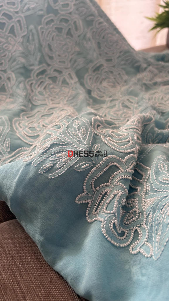 Powder Blue Pearl Lucknowi Chikankari Suit (Kurta & Dupatta) Suits