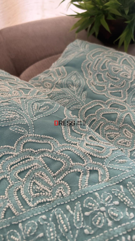 Powder Blue Pearl Lucknowi Chikankari Suit (Kurta & Dupatta) Suits