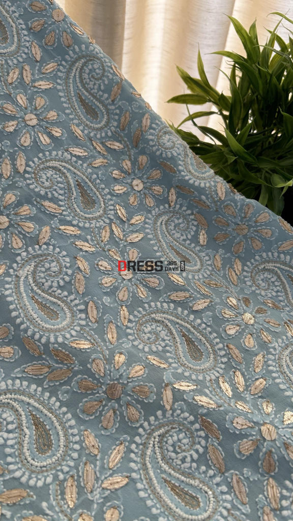 Powder Blue Pure Georgette Gota Patti & Pearl Chikankari Suit Suits