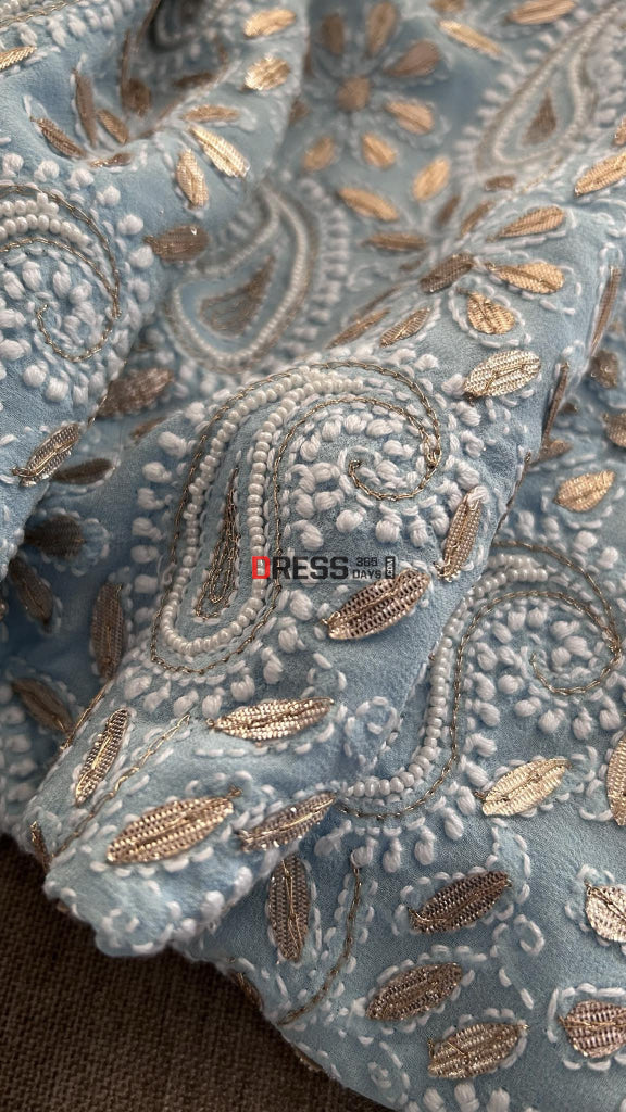 Powder Blue Pure Georgette Gota Patti & Pearl Chikankari Suit Suits