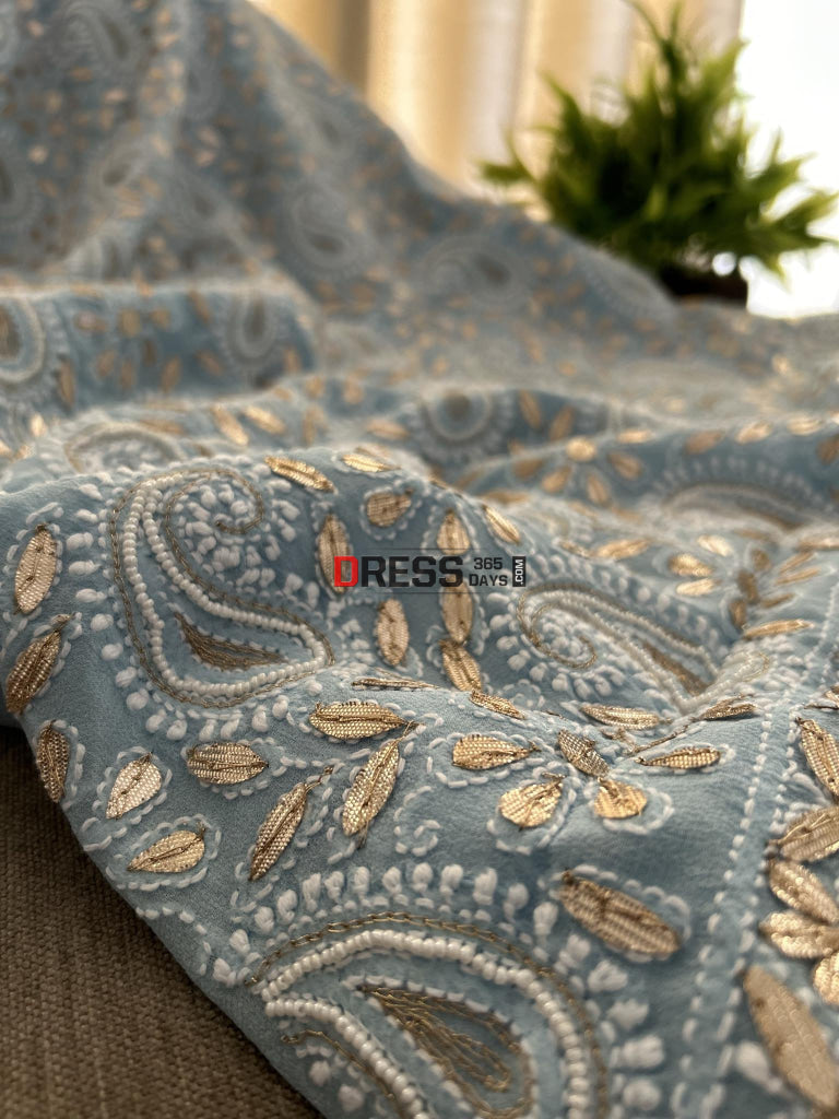 Powder Blue Pure Georgette Gota Patti & Pearl Chikankari Suit Suits