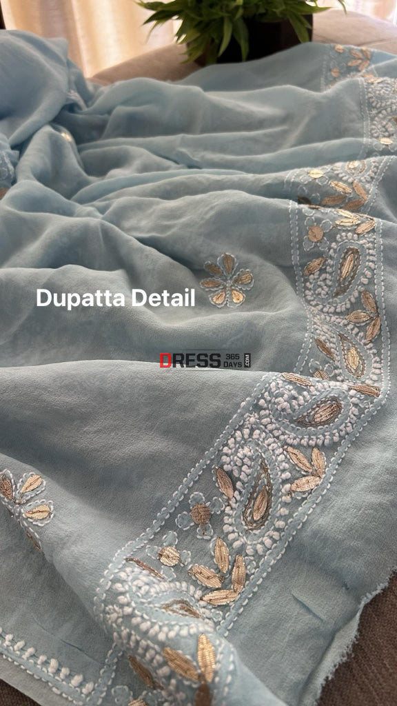 Powder Blue Pure Georgette Gota Patti & Pearl Chikankari Suit Suits