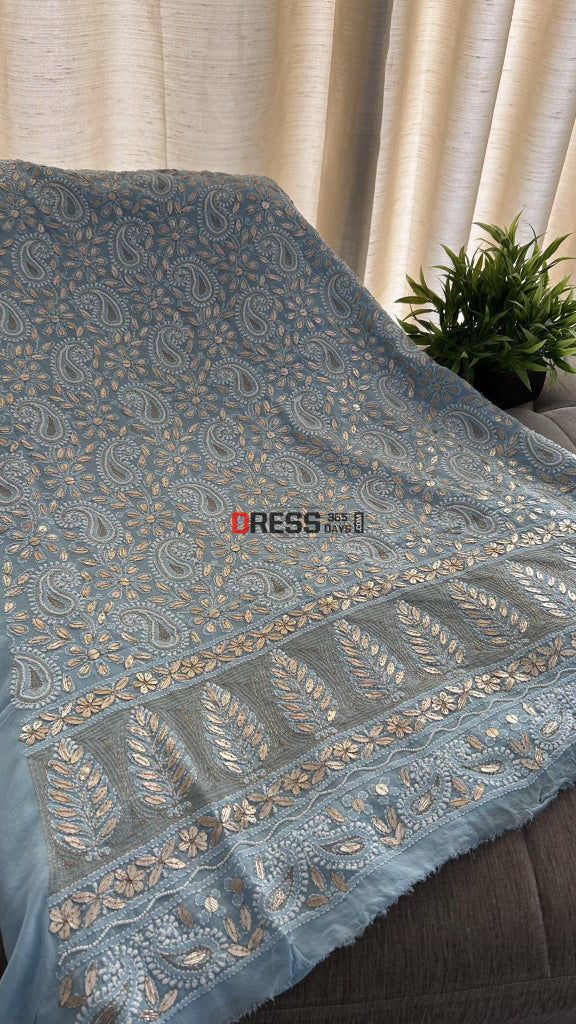 Powder Blue Pure Georgette Gota Patti & Pearl Chikankari Suit Suits