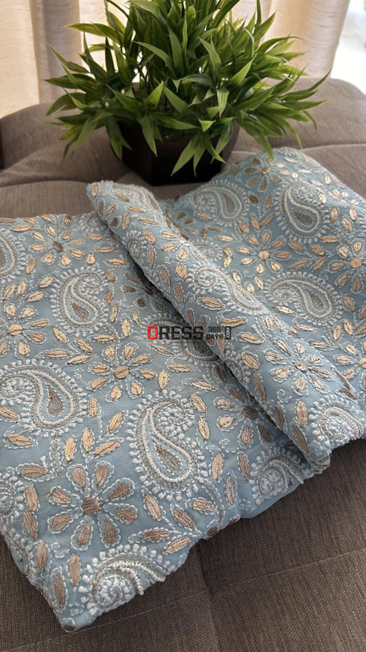 Powder Blue Pure Georgette Gota Patti & Pearl Chikankari Suit Suits