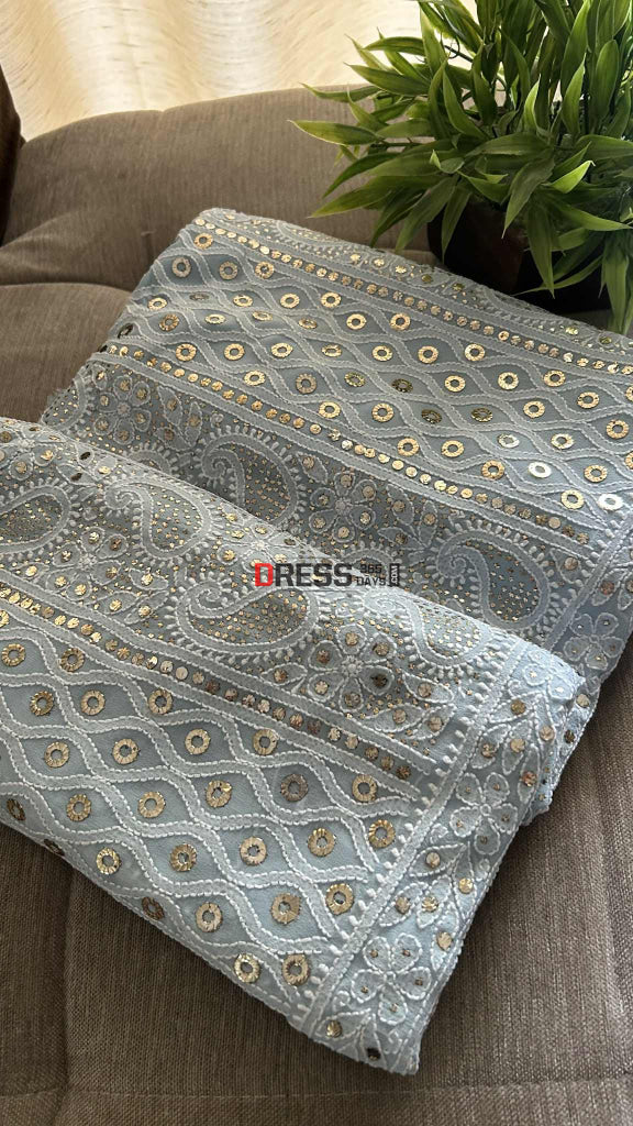 Powder Blue Ring Mukaish Chikankari Suit Chikankari Suits