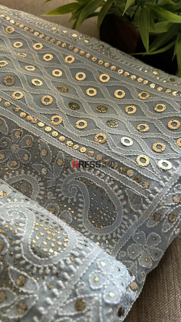Powder Blue Ring Mukaish Chikankari Suit Chikankari Suits